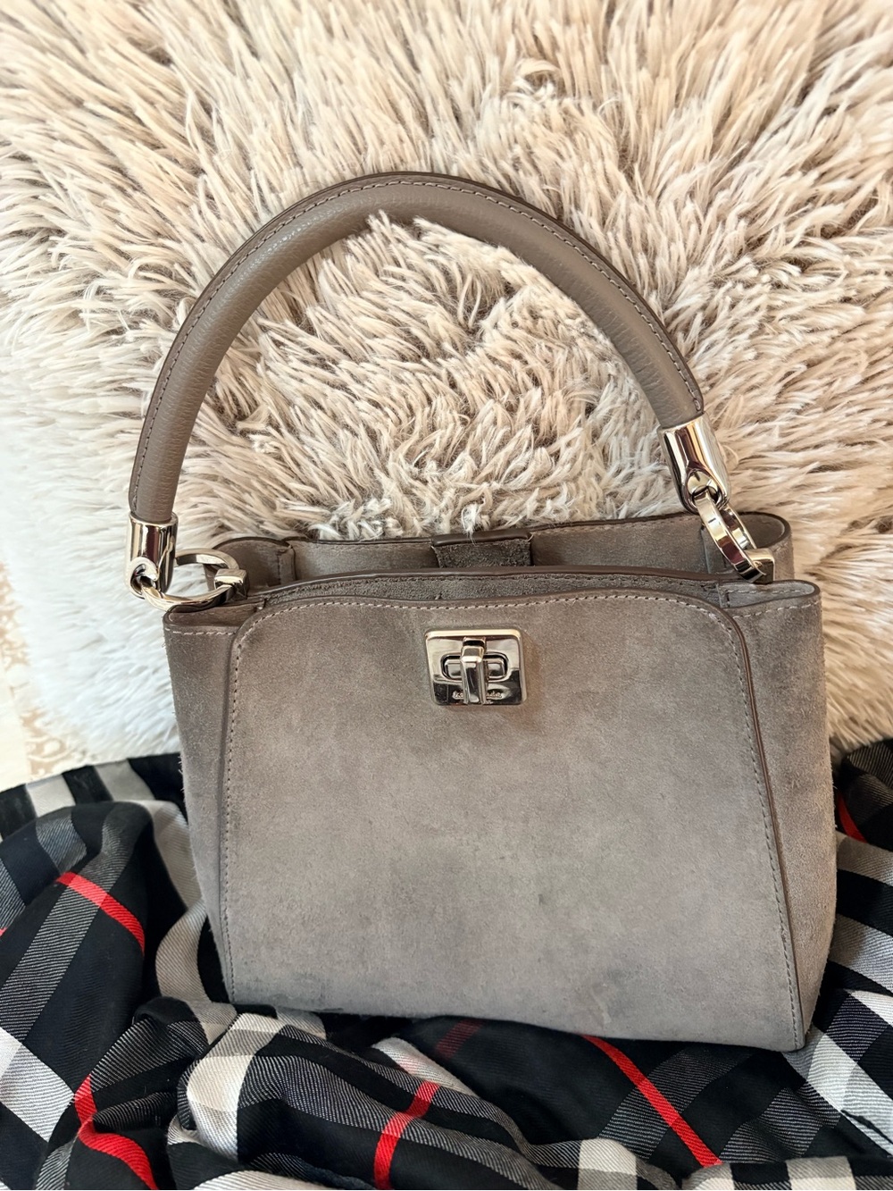 2pc, Mini Gray Suede Top-Handle Bag and crossbody strap with scarf. EUC - Picture 5 of 13